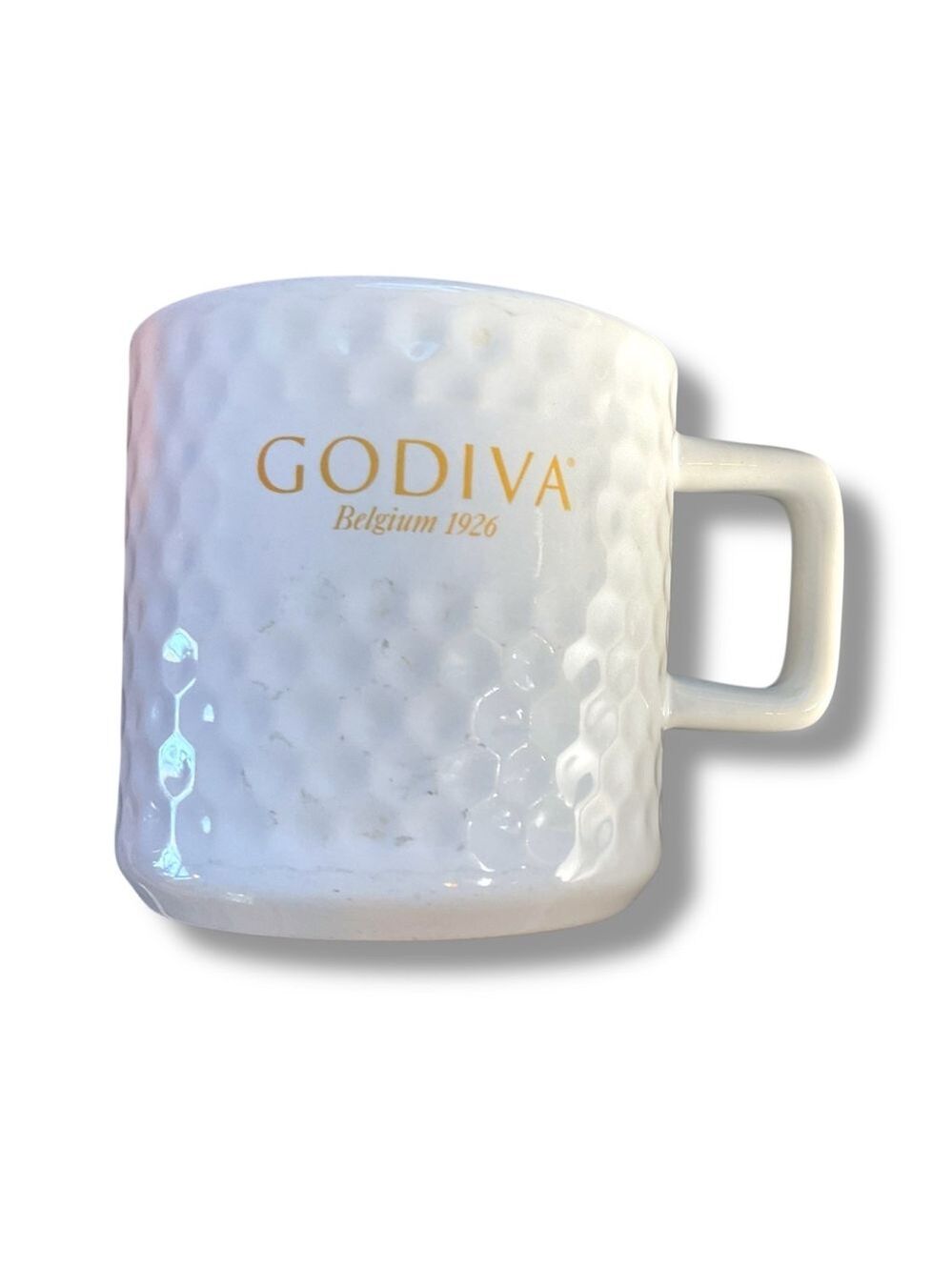 Godiva Mug Large Coffee Cup Chocolate Chocolatier White Dimpled‎ Golf Ceramic